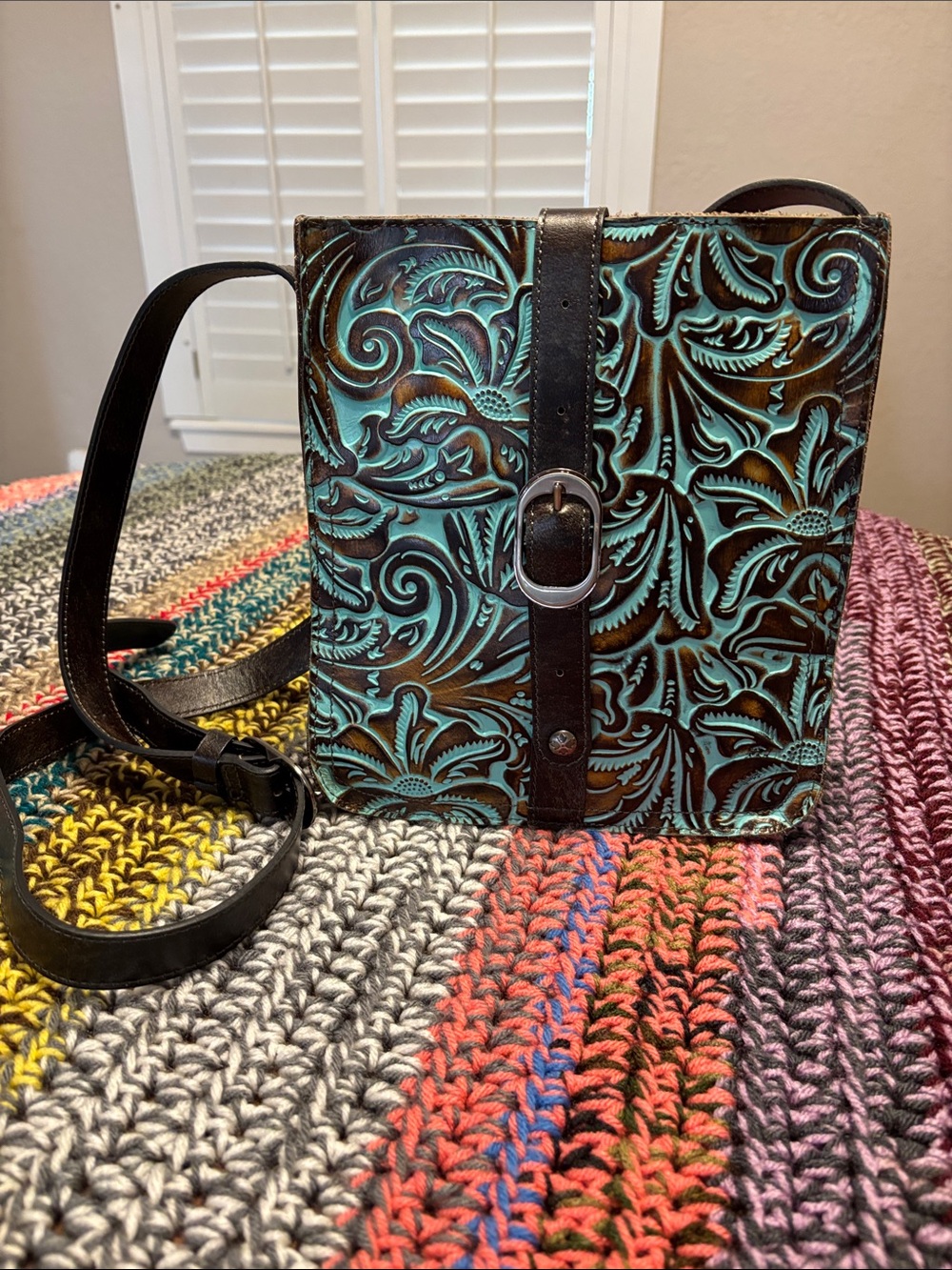 Patricia Nash Turquoise Tooled Leather Crossbody Bag